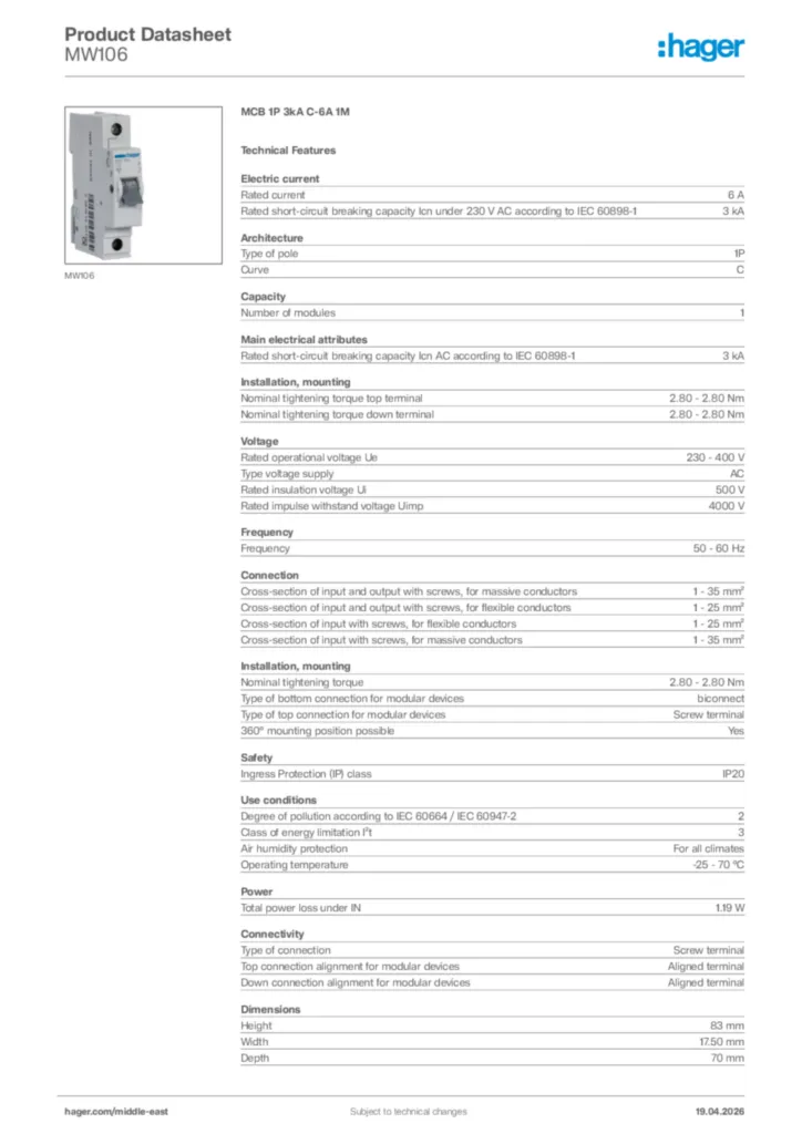 Image Hager Product data sheet MW106  | Hager