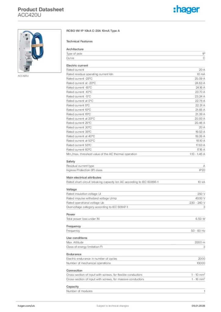 Image Hager Product data sheet ACC420U  | Hager
