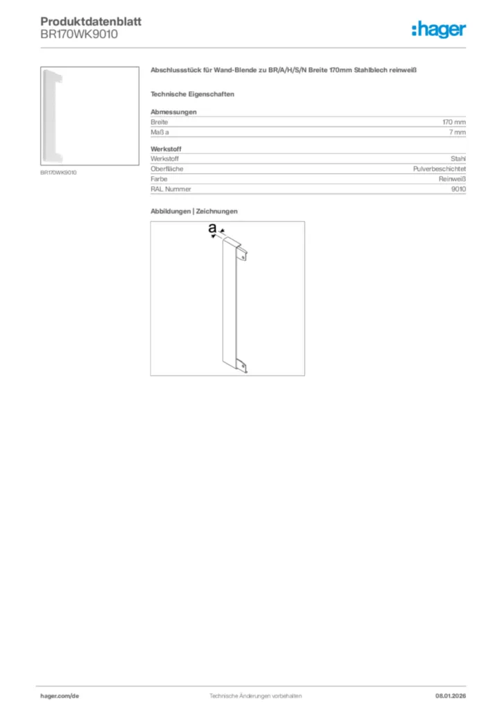 Bild Hager Produktdatenblatt BR170WK9010 | Hager Deutschland
