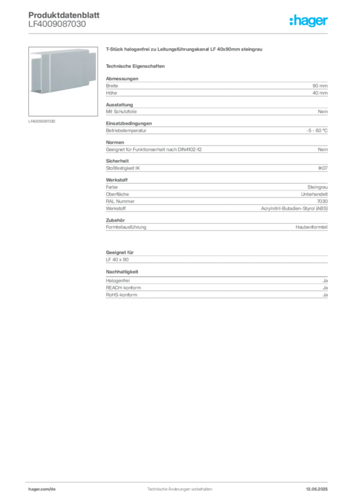 Bild Hager Produktdatenblatt LF4009087030 | Hager Deutschland
