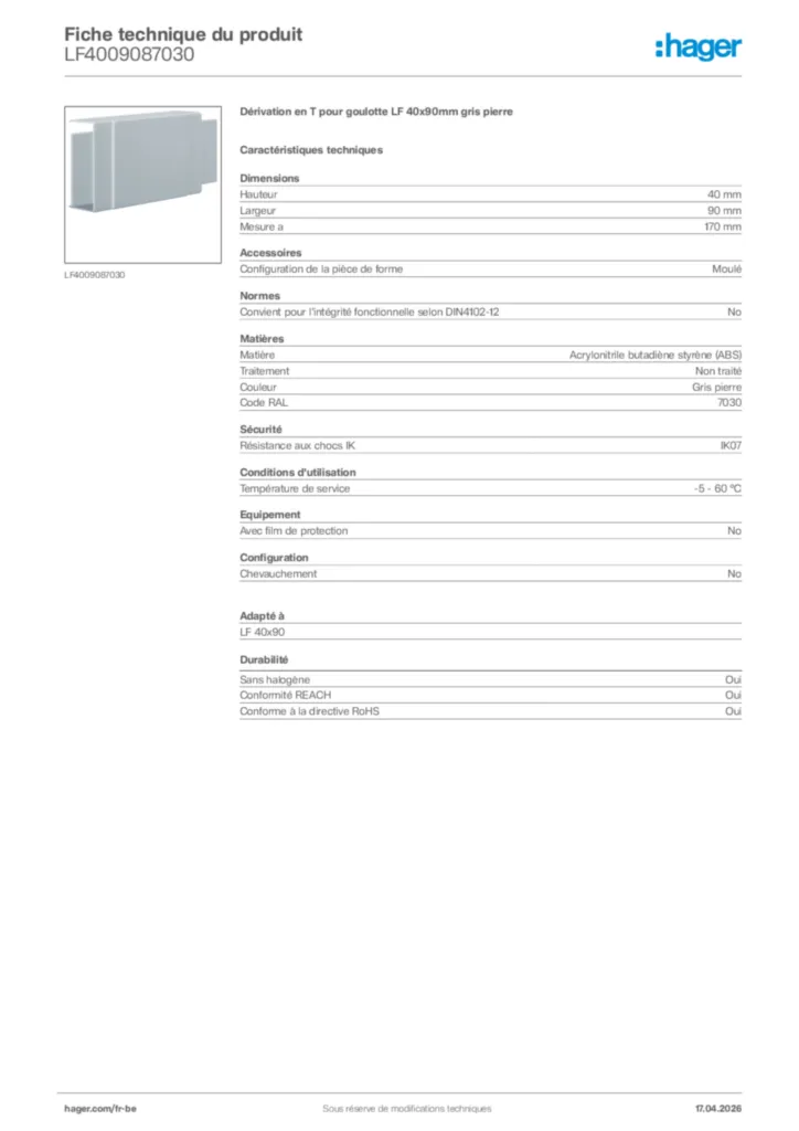 Image Hager Fiche technique du produit LF4009087030 | Hager Belgique