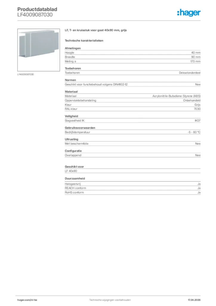 Afbeelding Hager Productdatablad LF4009087030 | Hager Belgium