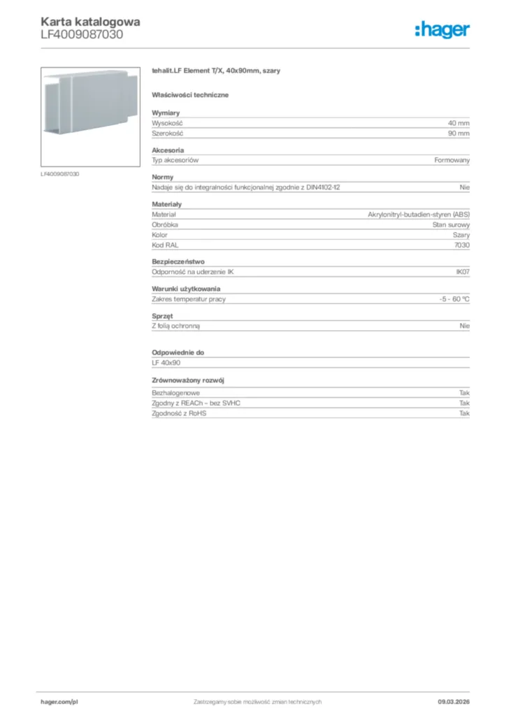 Zdjęcie Hager Karta katalogowa LF4009087030 | Hager Polska