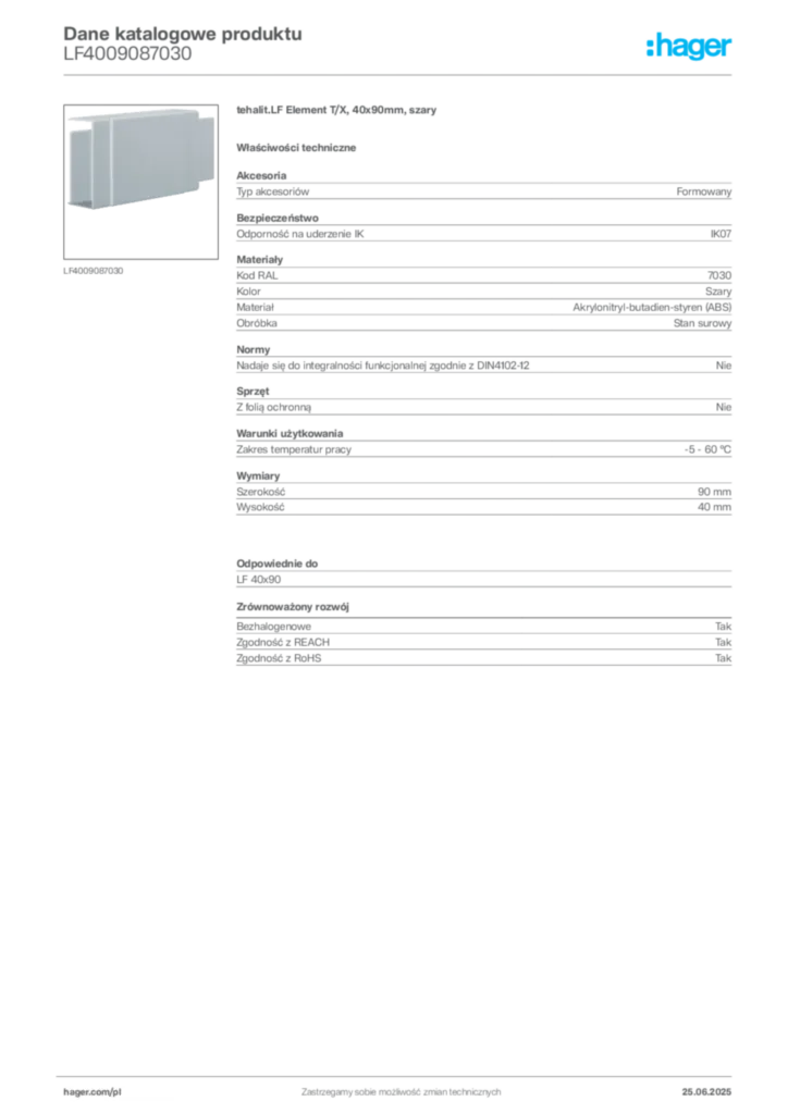 Zdjęcie Hager Karta katalogowa LF4009087030 | Hager Polska