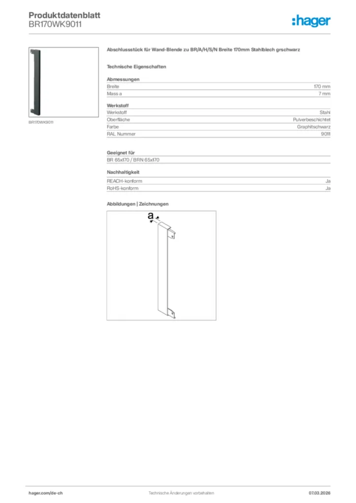 Bild Hager Produktdatenblatt BR170WK9011 | Hager Schweiz