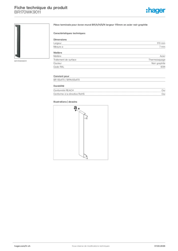 Image Hager Fiche technique du produit BR170WK9011 | Hager Suisse