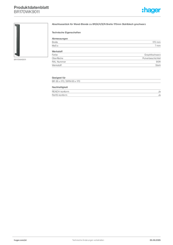 Bild Hager Produktdatenblatt BR170WK9011 | Hager Deutschland