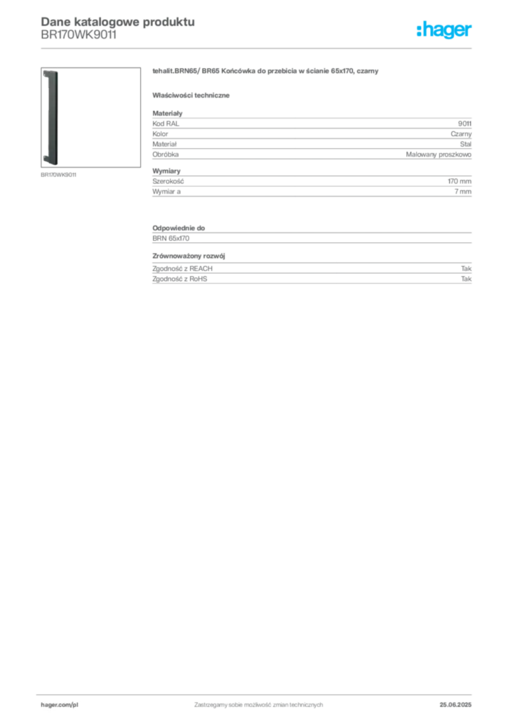 Zdjęcie Hager Karta katalogowa BR170WK9011 | Hager Polska