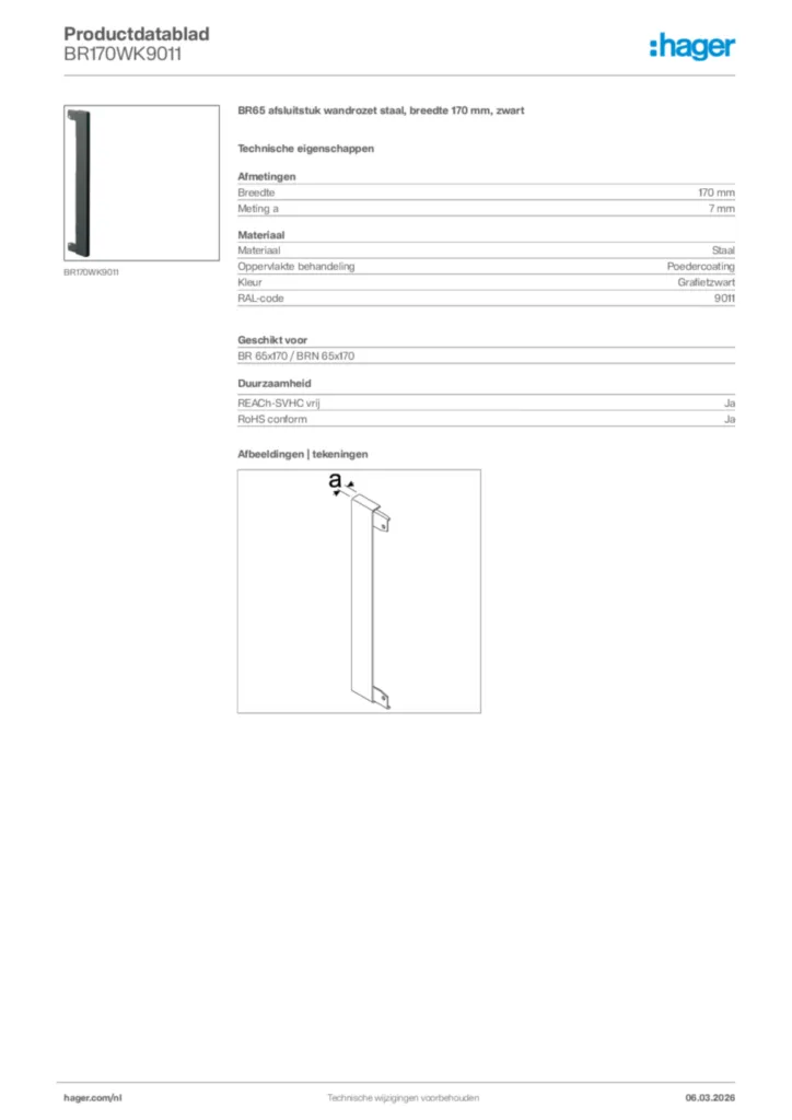 Afbeelding Hager Productdatablad BR170WK9011 | Hager Nederland