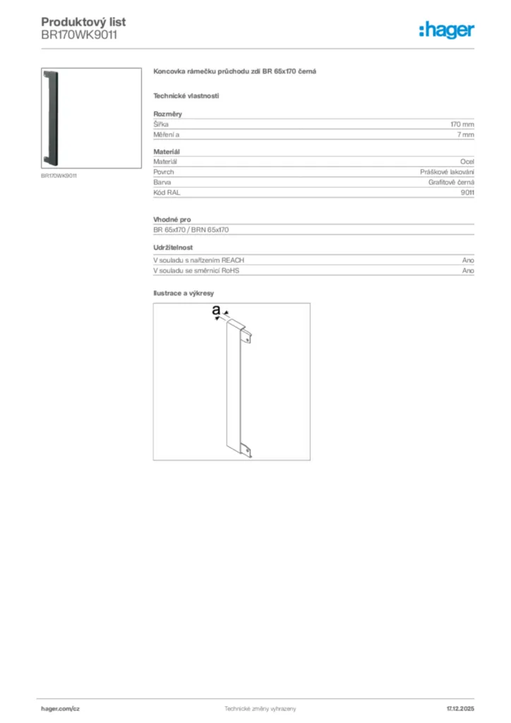Obrázek Hager Produktový list BR170WK9011 | Hager