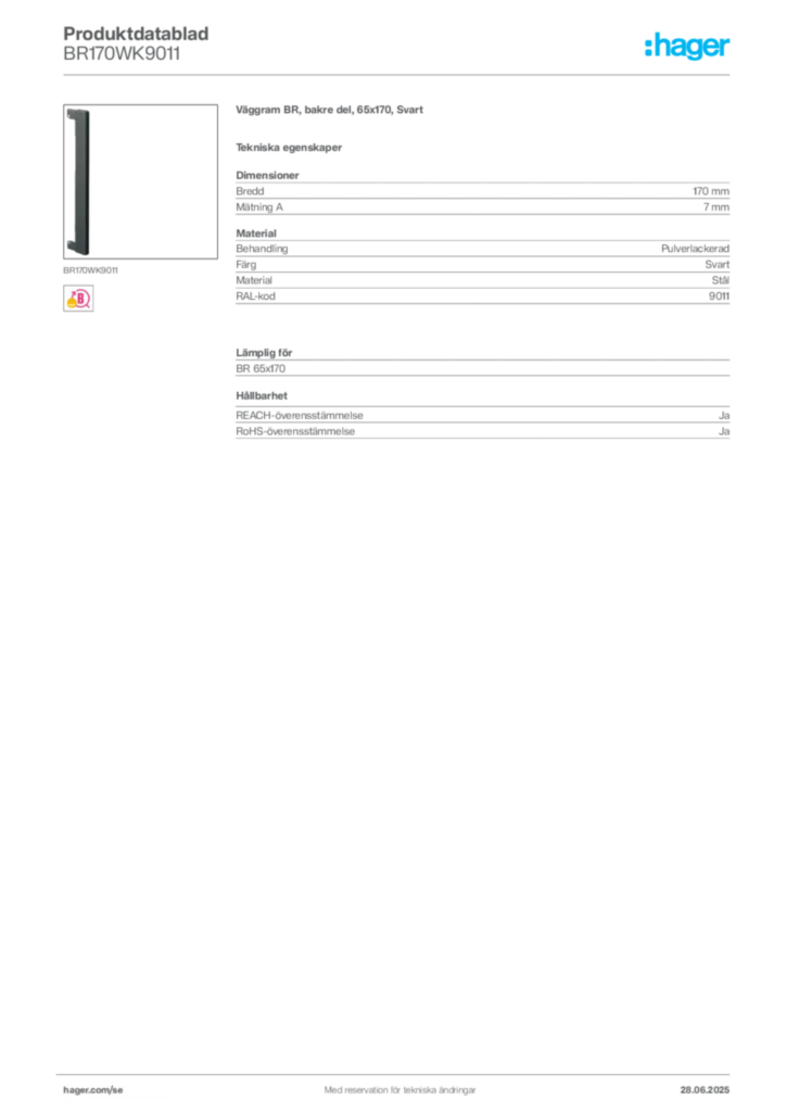Bild Hager Produktdatablad BR170WK9011 | Hager Sverige