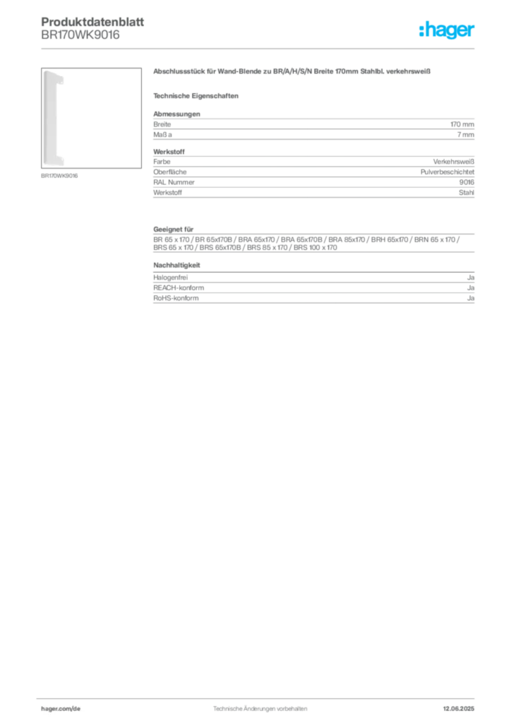 Bild Hager Produktdatenblatt BR170WK9016 | Hager Deutschland