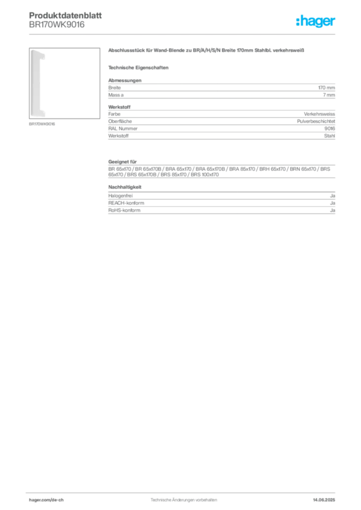 Bild Hager Produktdatenblatt BR170WK9016 | Hager Schweiz