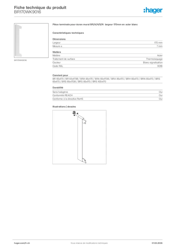 Image Hager Fiche technique du produit BR170WK9016 | Hager Suisse