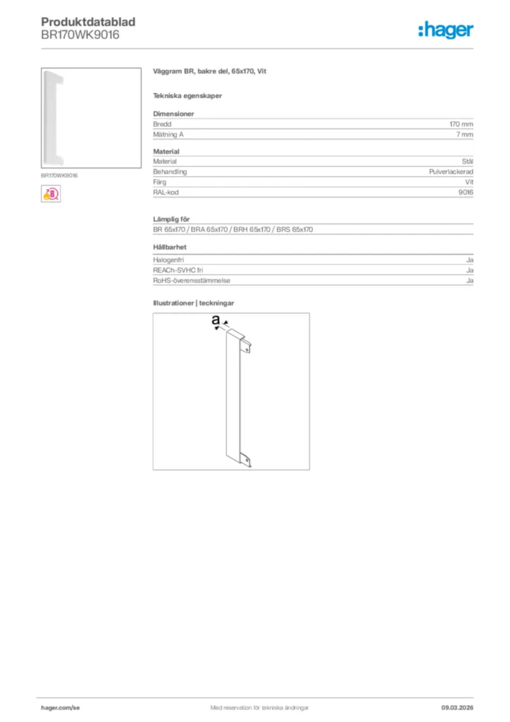 Bild Hager Produktdatablad BR170WK9016 | Hager Sverige