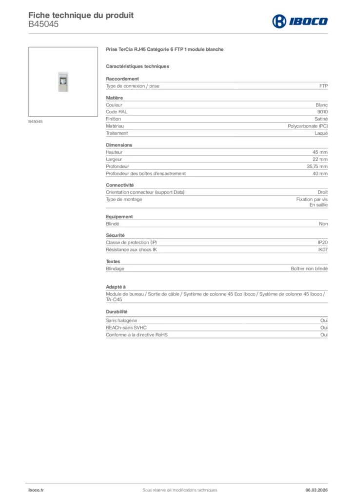 Image Iboco Fiche technique du produit B45045 | Hager France