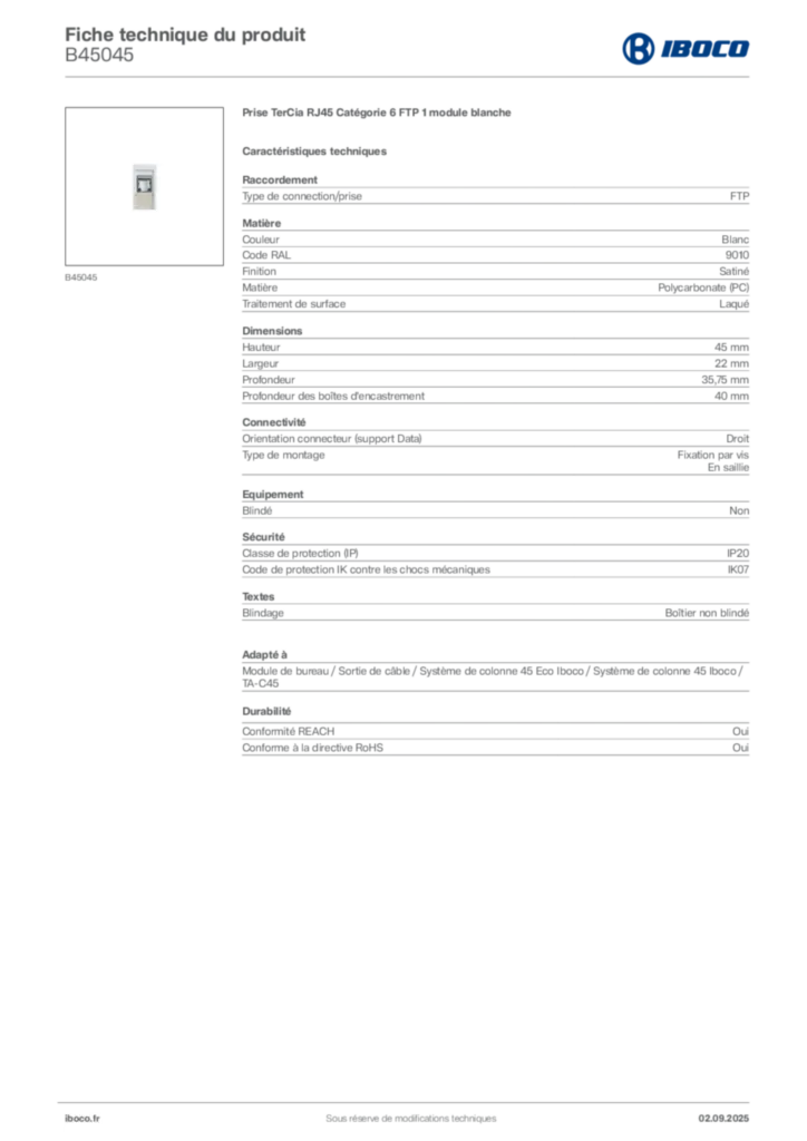 Image Iboco Fiche technique du produit B45045 | Hager France