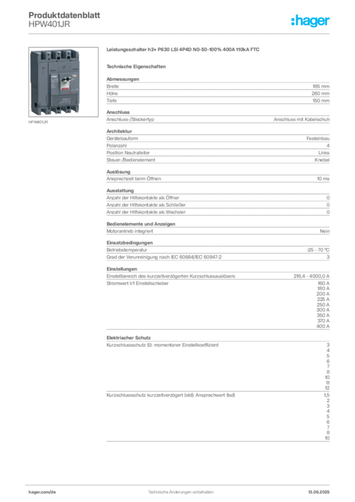 Bild Hager Produktdatenblatt HPW401JR | Hager Deutschland