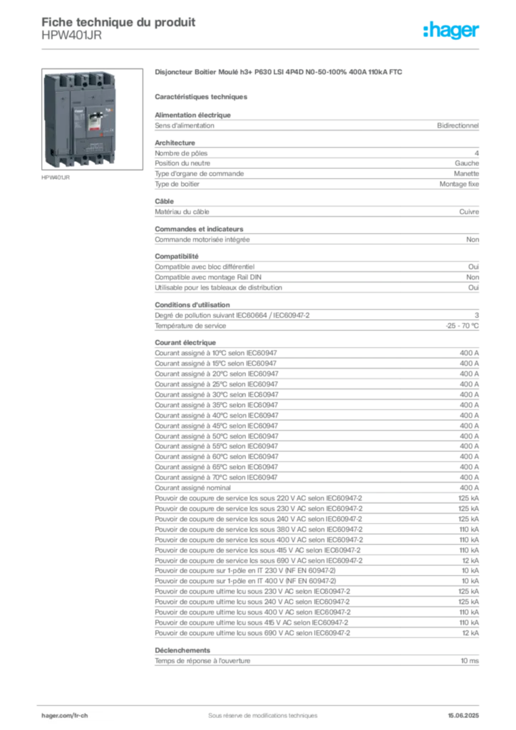 Image Hager Fiche technique du produit HPW401JR | Hager Suisse