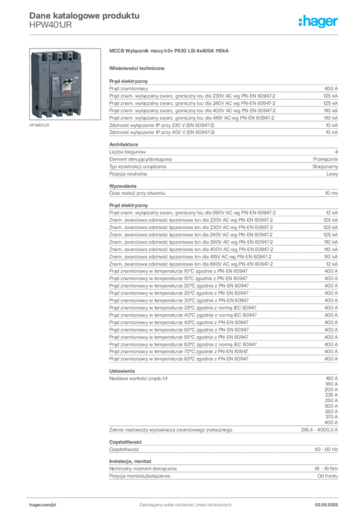 Zdjęcie Hager Karta katalogowa HPW401JR | Hager Polska