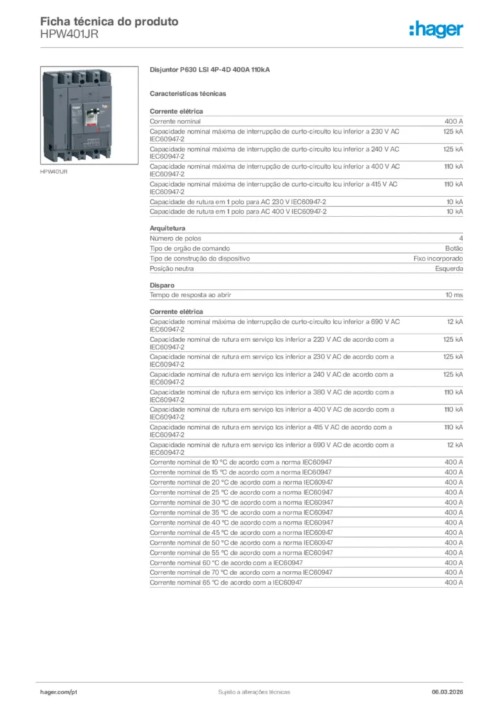 Imagem Hager Ficha técnica do produto HPW401JR | Hager Portugal