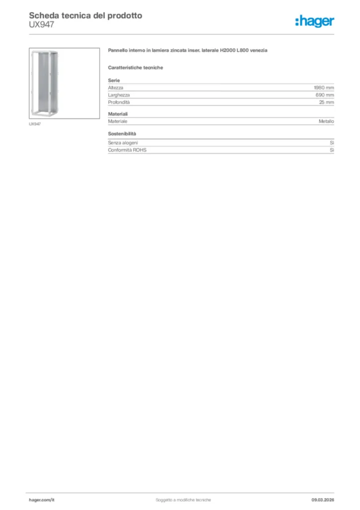 Immagine Hager Scheda tecnica del prodotto UX947 | Hager Italia