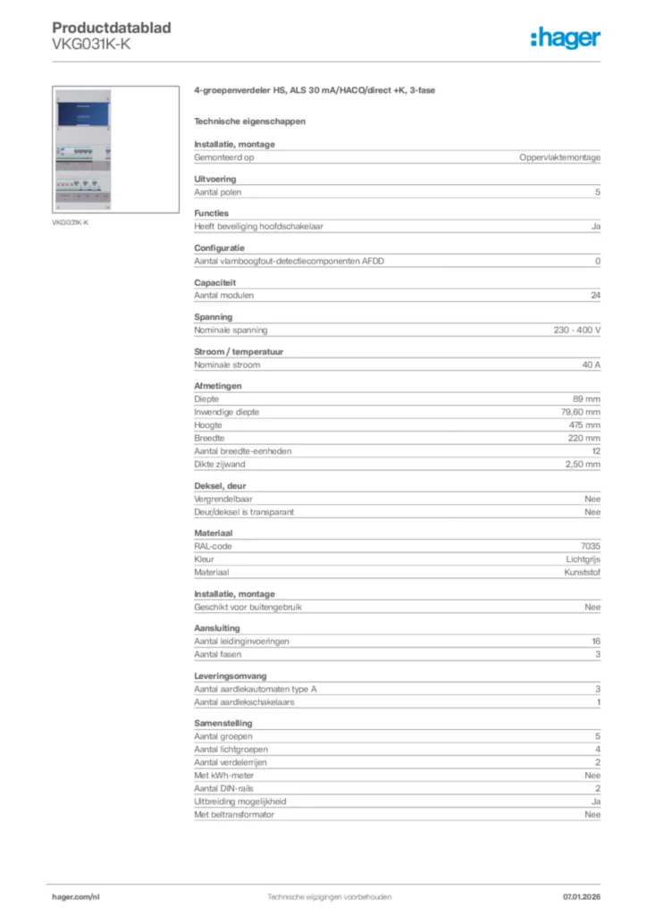 Afbeelding Hager Productdatablad VKG031K-K | Hager Nederland