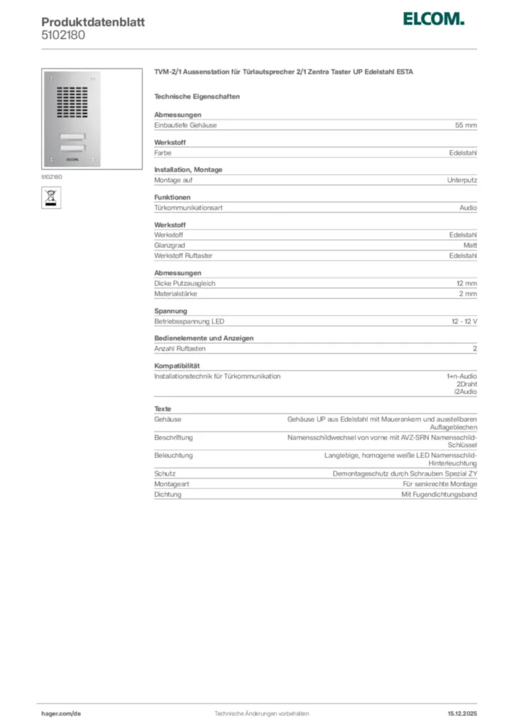 Bild Elcom Produktdatenblatt 5102180 | Hager Deutschland