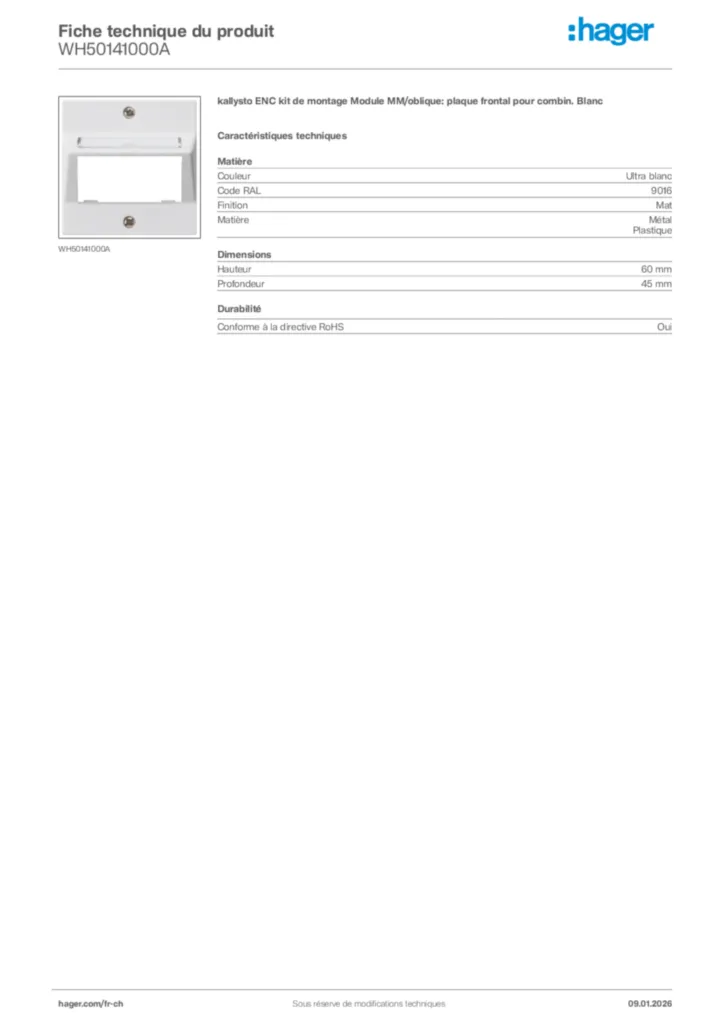 Image Hager Fiche technique du produit WH50141000A | Hager Suisse