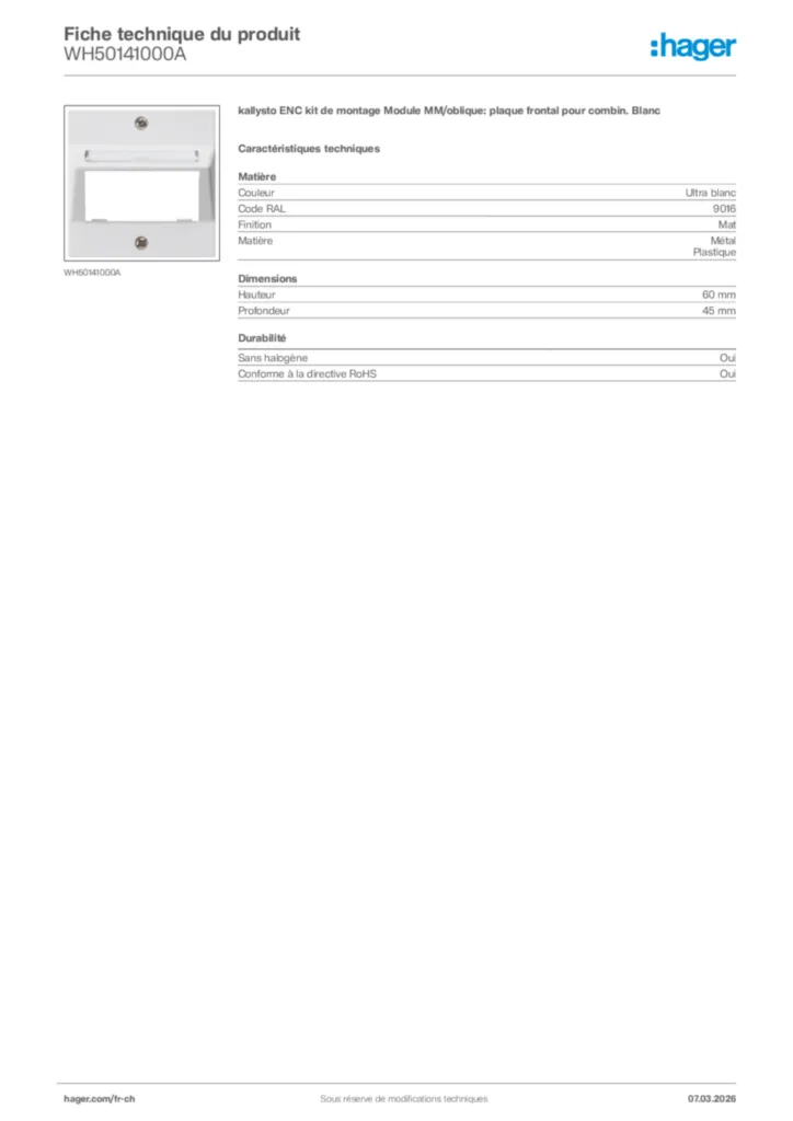 Image Hager Fiche technique du produit WH50141000A | Hager Suisse