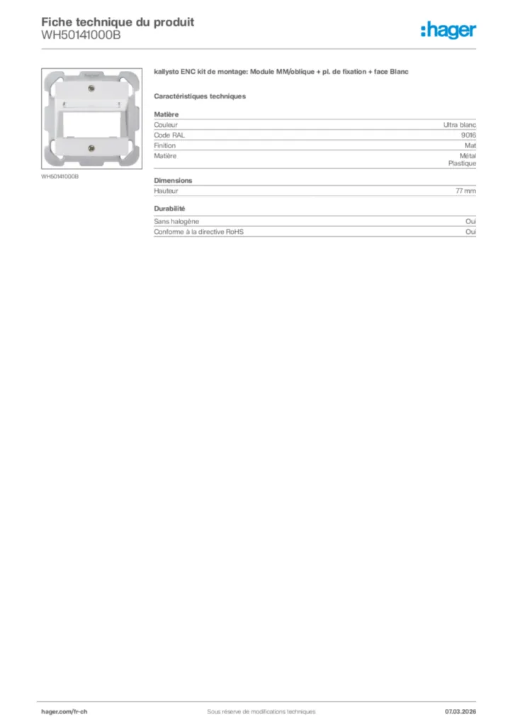 Image Hager Fiche technique du produit WH50141000B | Hager Suisse