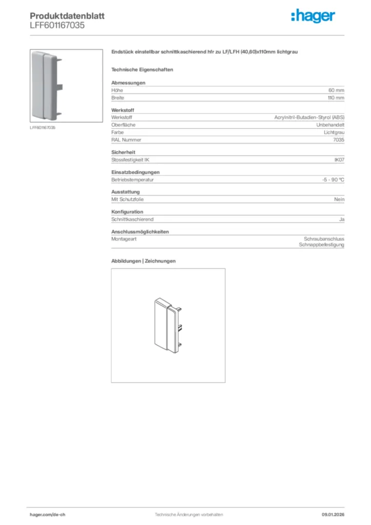 Bild Hager Produktdatenblatt LFF601167035 | Hager Schweiz