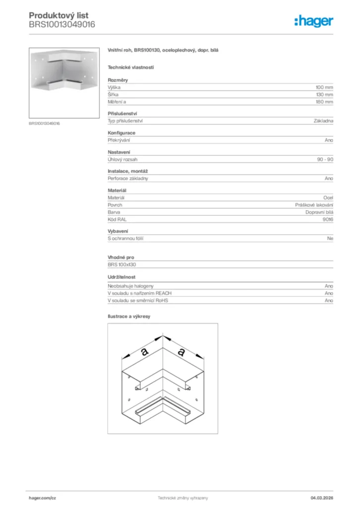 Obrázek Hager Product data sheet BRS10013049016 | Hager