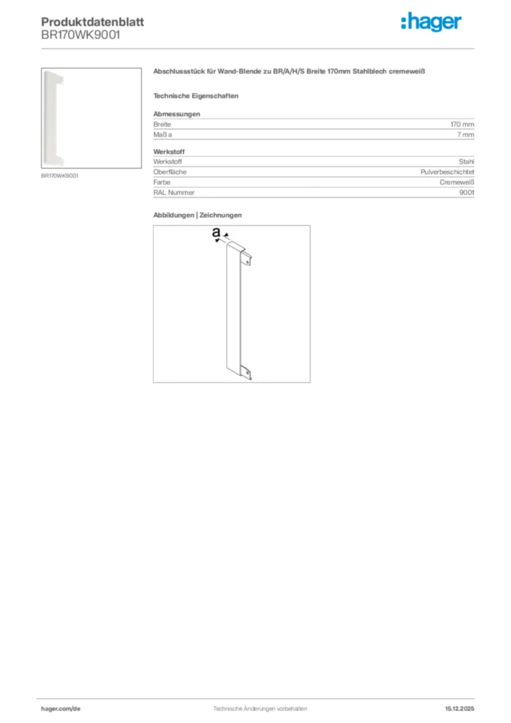 Bild Hager Produktdatenblatt BR170WK9001 | Hager Deutschland