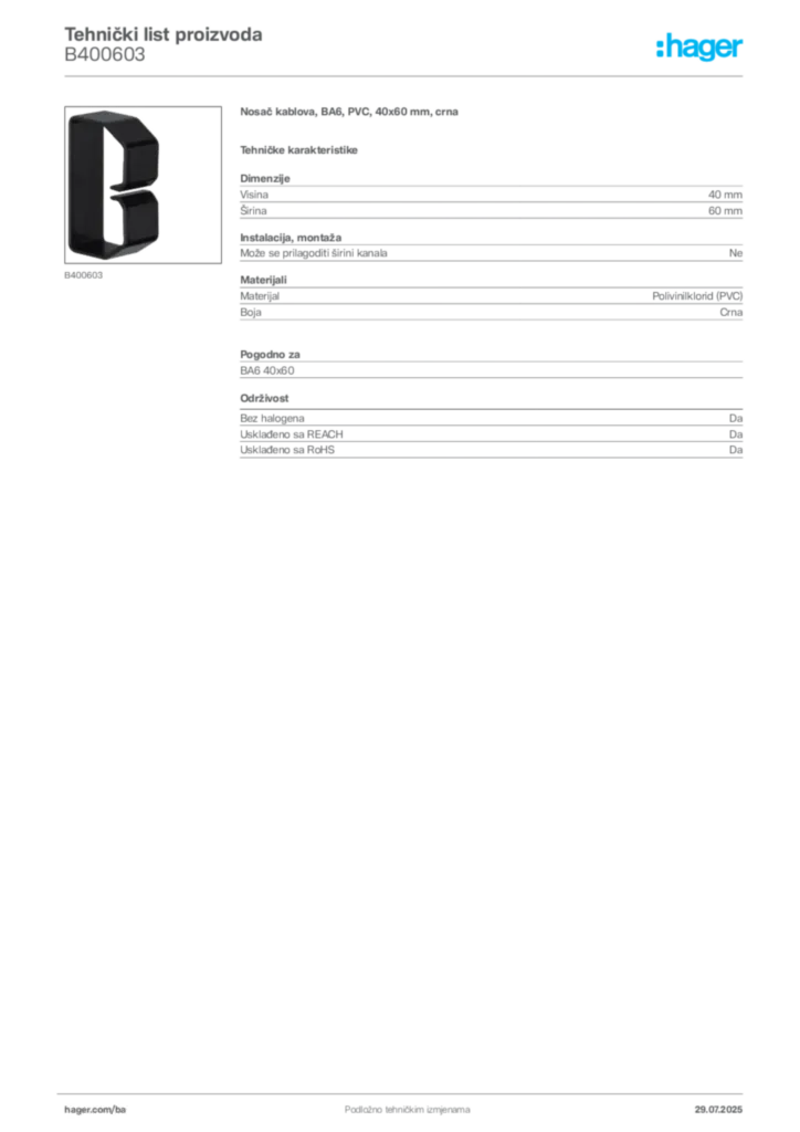 Slika Hager Product data sheet B400603  | Hager