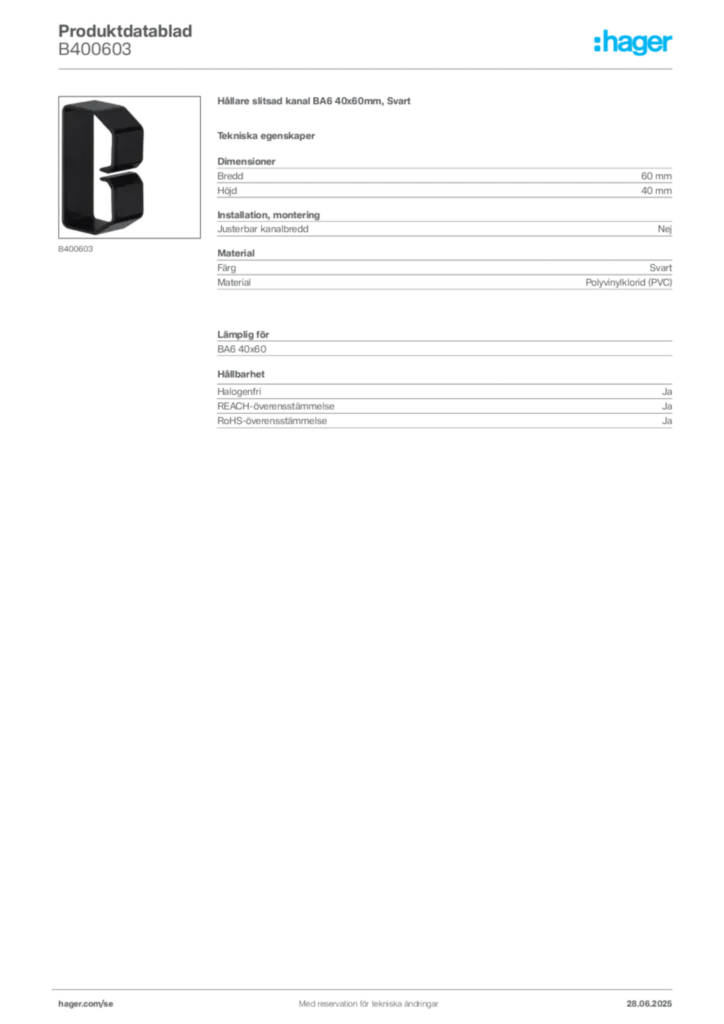Bild Hager Produktdatablad B400603 | Hager Sverige