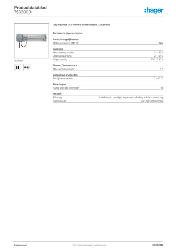 Afbeelding Hager Productdatablad 75330001 | Hager Nederland