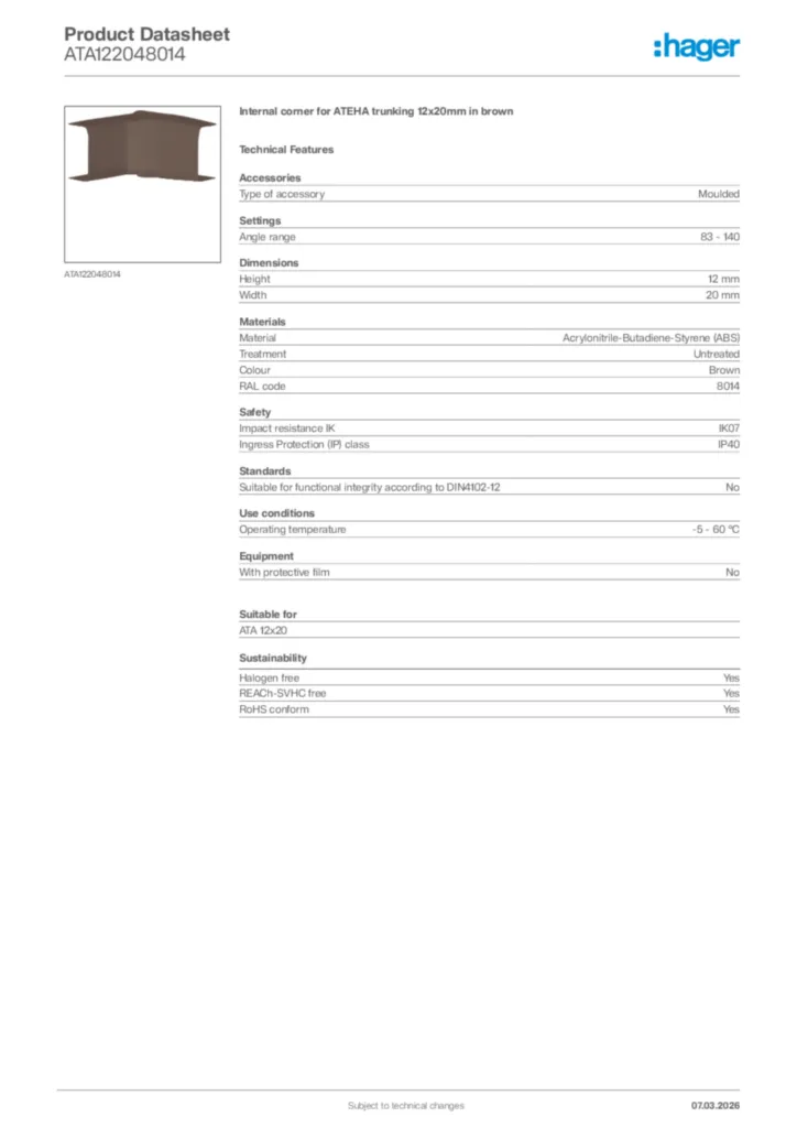 Image Hager Product data sheet ATA122048014  | Hager Africa