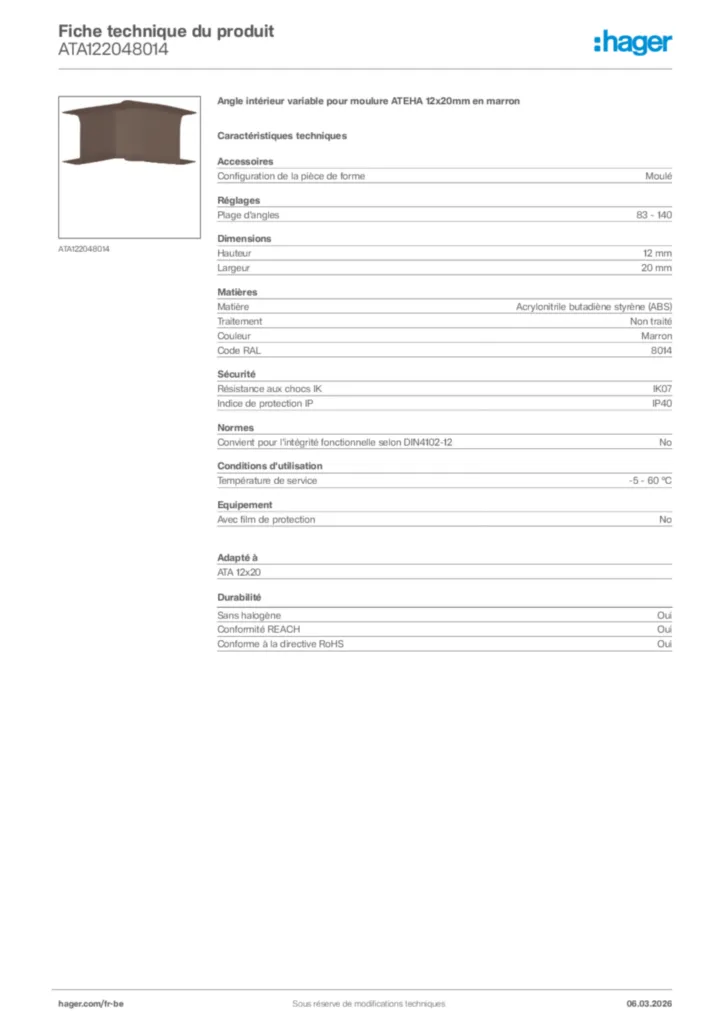 Image Hager Fiche technique du produit ATA122048014 | Hager Belgique