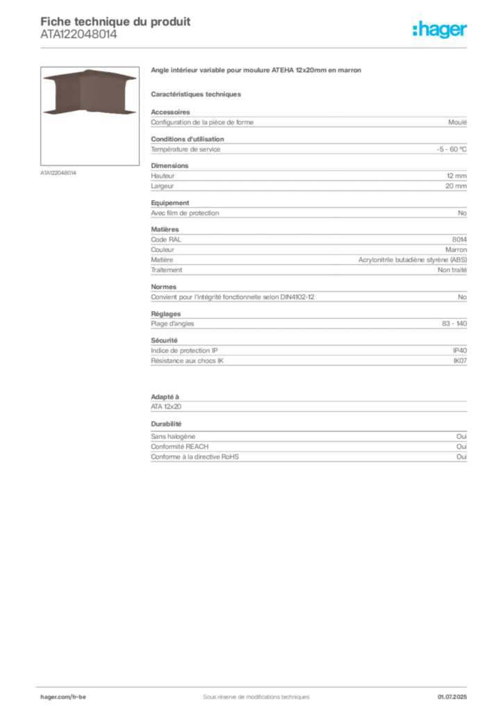 Image Hager Fiche technique du produit ATA122048014 | Hager Belgique