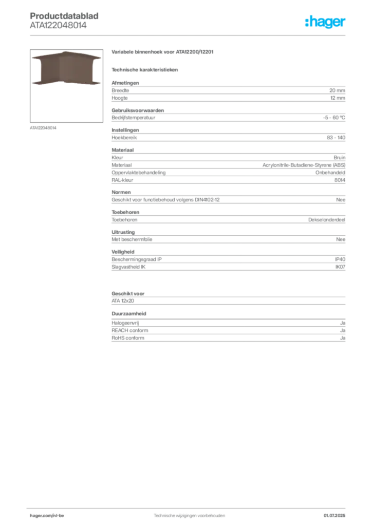Afbeelding Hager Productdatablad ATA122048014 | Hager Belgium