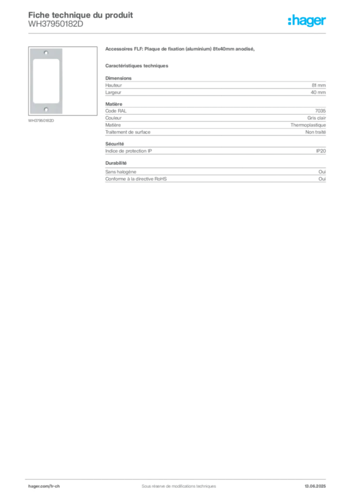 Image Hager Fiche technique du produit WH37950182D | Hager Suisse