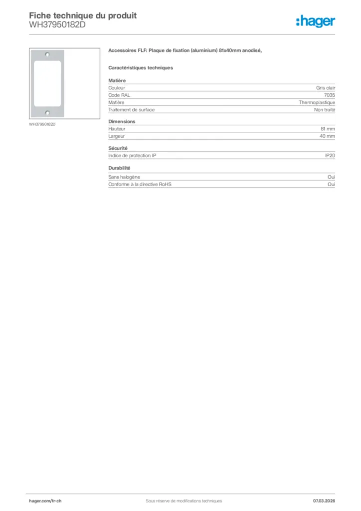 Image Hager Fiche technique du produit WH37950182D | Hager Suisse
