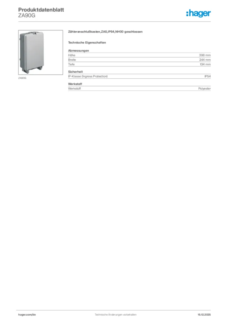Bild Hager Produktdatenblatt ZA90G | Hager Deutschland