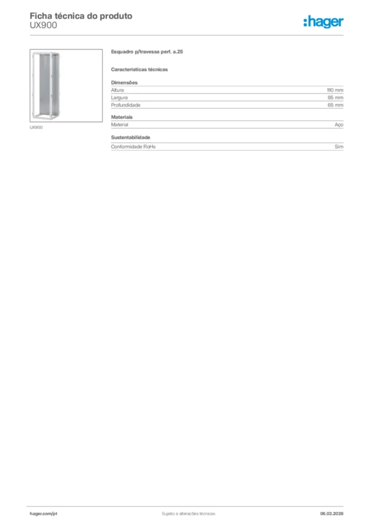 Imagem Hager Ficha técnica do produto UX900 | Hager Portugal