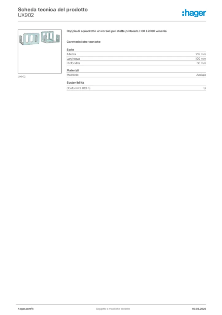Immagine Hager Scheda tecnica del prodotto UX902 | Hager Italia
