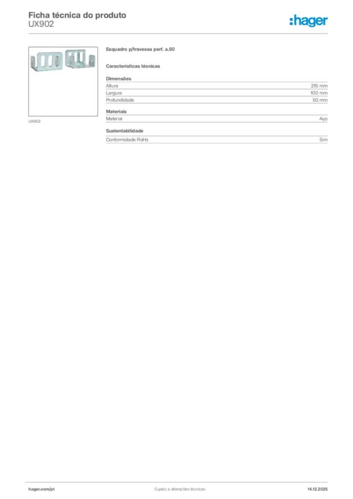 Imagem Hager Ficha técnica do produto UX902 | Hager Portugal