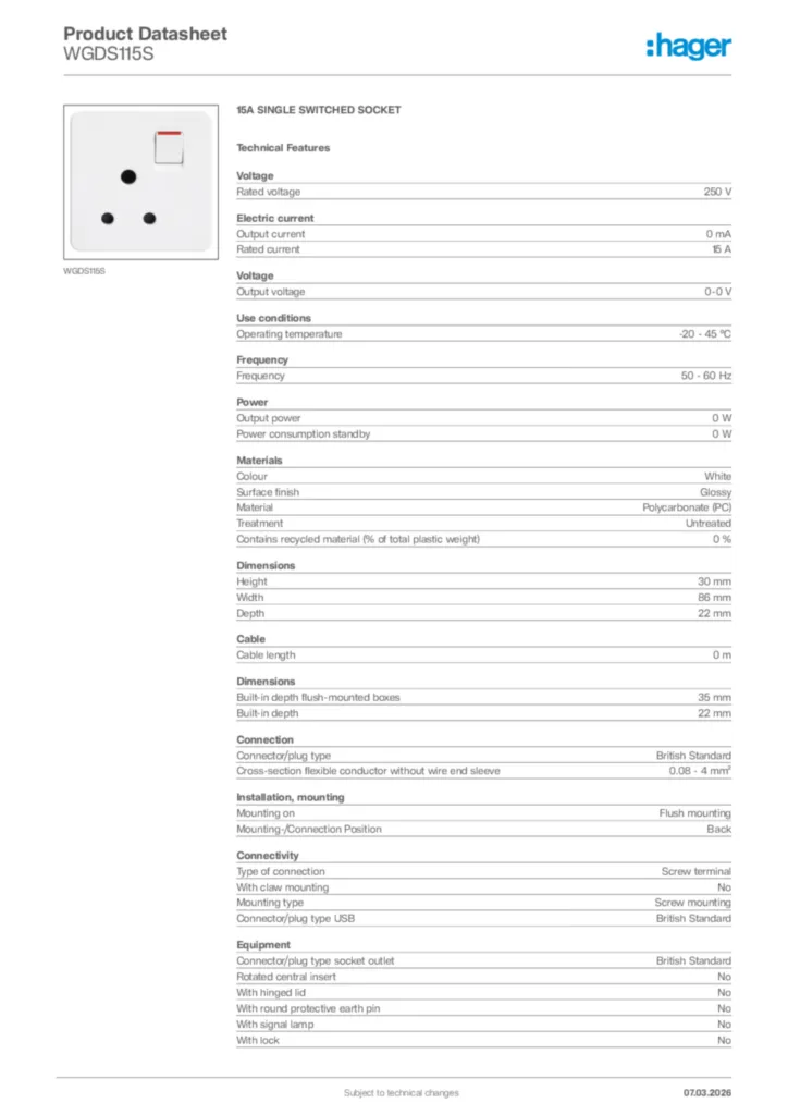 Image Hager Product data sheet WGDS115S  | Hager Africa