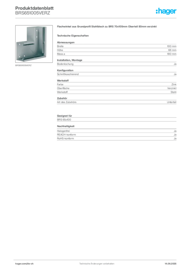 Bild Hager Produktdatenblatt BRS651005VERZ | Hager Schweiz
