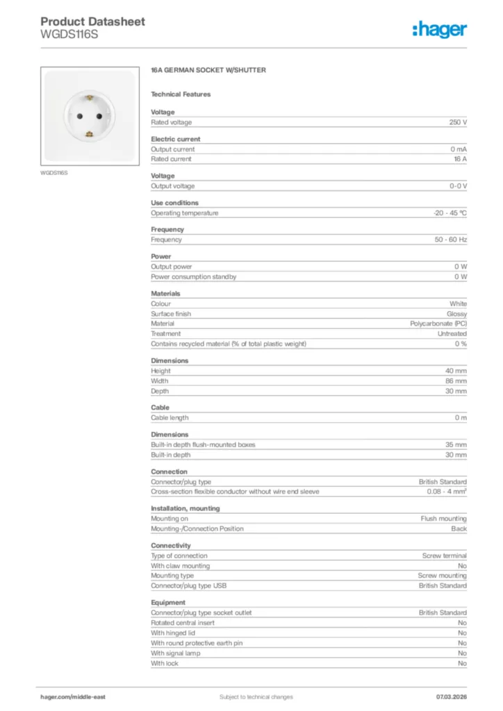 Image Hager Product data sheet WGDS116S  | Hager
